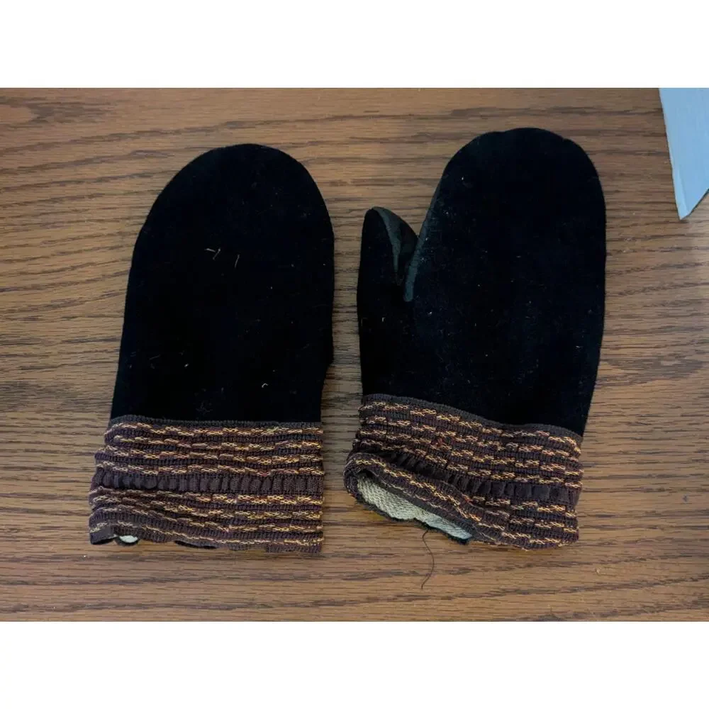 Vintage Black Wool & Leather Fleece-Lined Winter Mittens